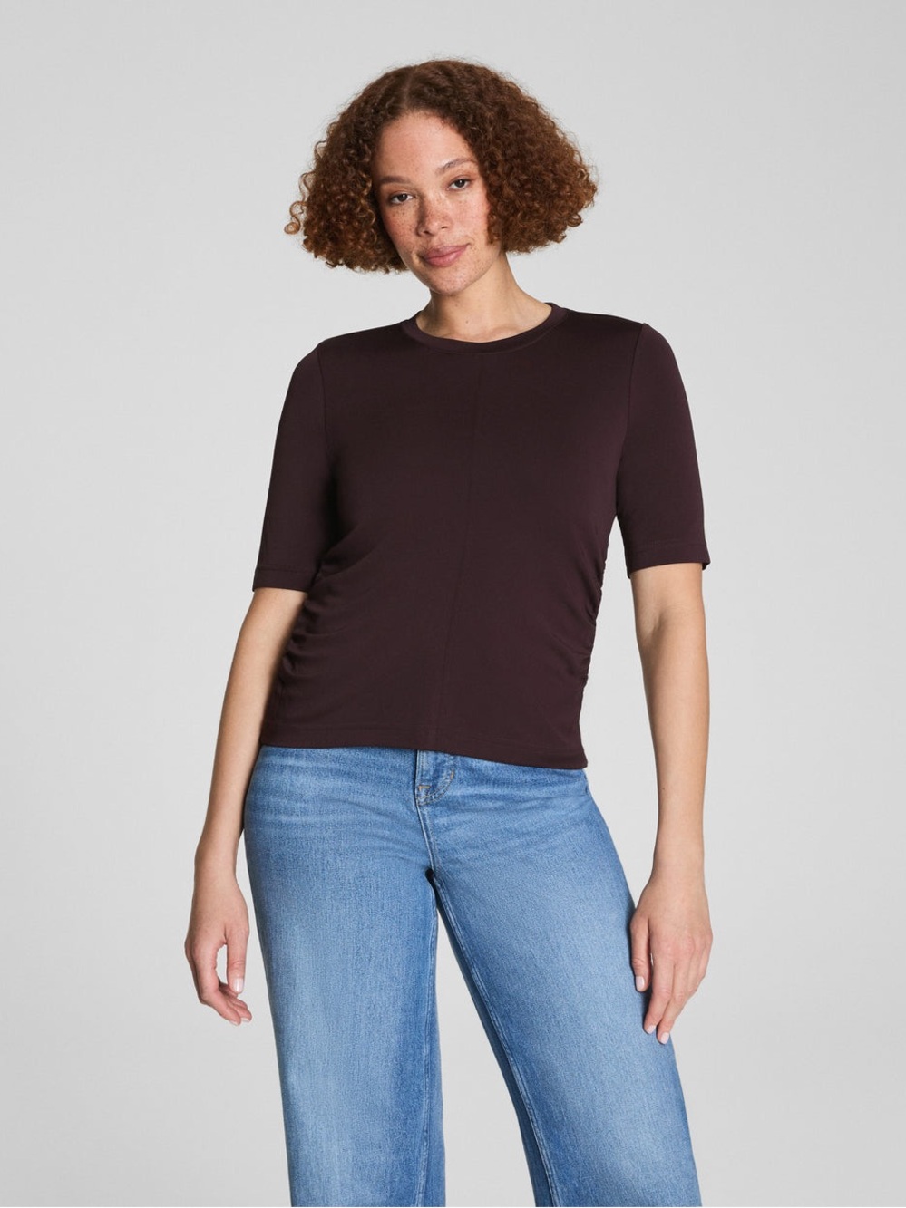 NWT SPANX Sleek Jersey Short Sleeve Ruched Top, Truffle Brown Plus Size 1X